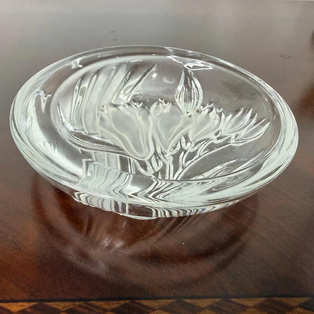 Vintage Mikasa Crystal Floral Etched Trinket Dish Round Vanity Catchall Dish